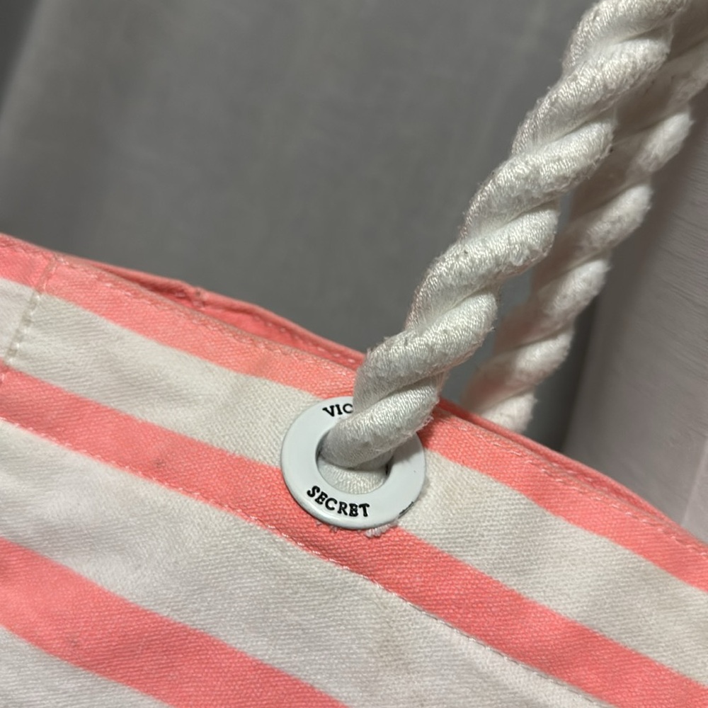 Victoria’s Secret Tote-Striped Pink White Black Peach-Open Top-“Rope” Handles - Picture 3 of 16